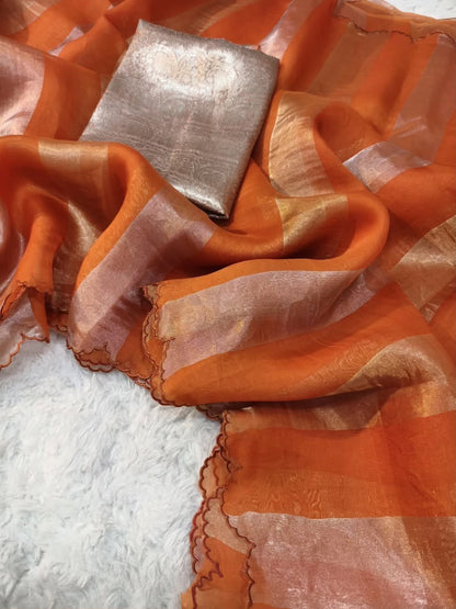 Beautiful georgette tissue silk saree with gold and silver tissue patta