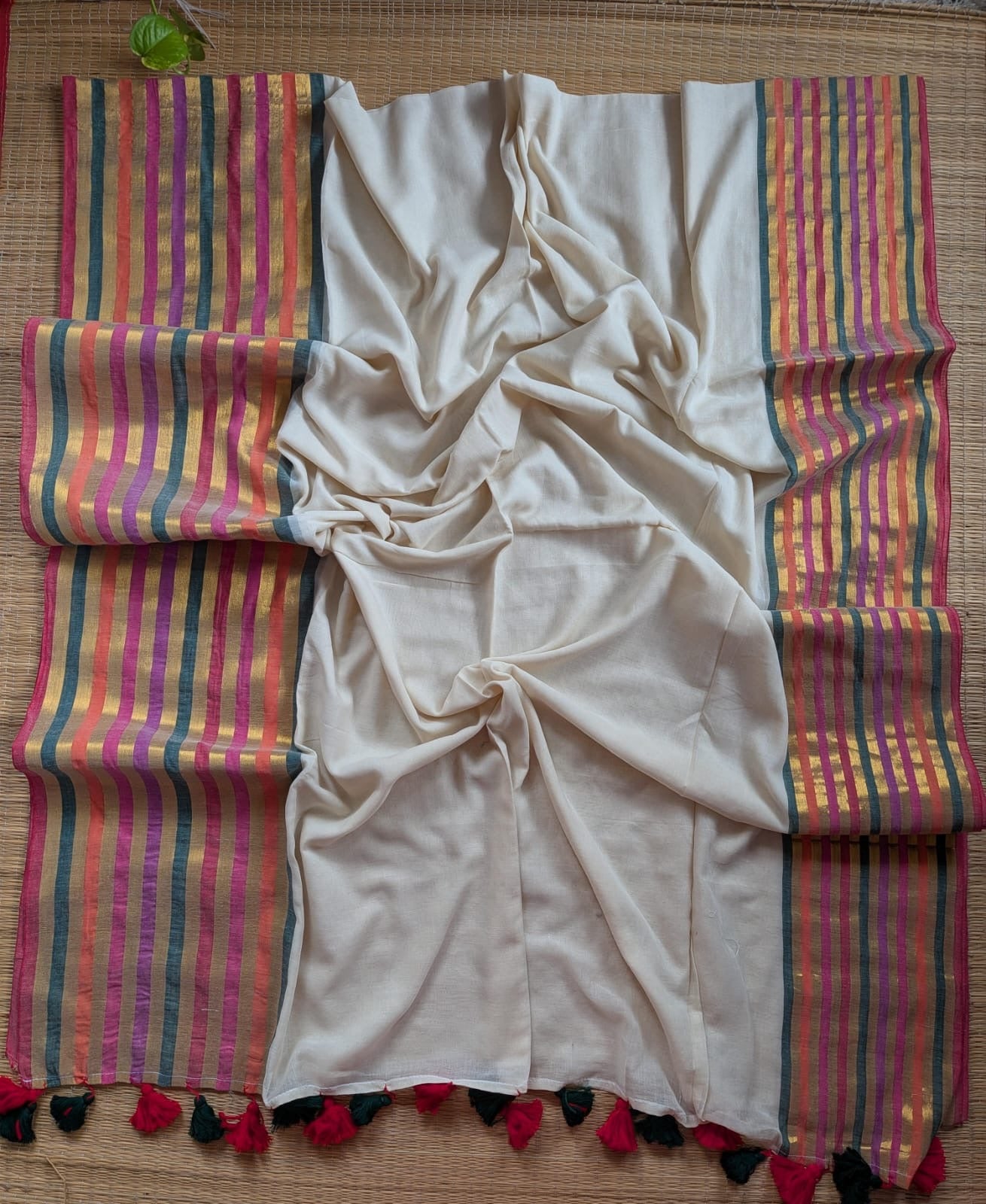 Pure and authentic mul cotton saree with broad multi color stripes zari border