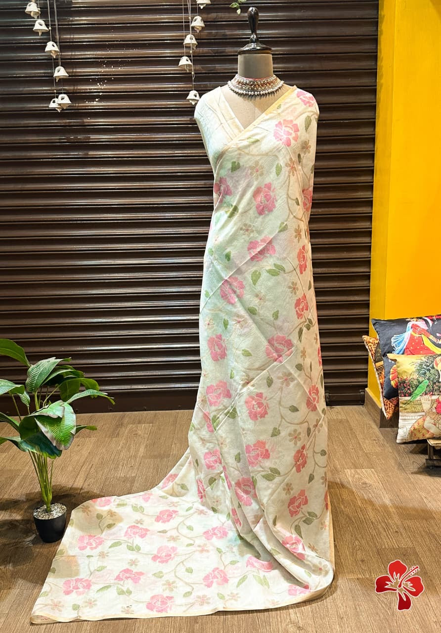 Jamdhani cotton saree with floral jaal resham and zari weavings