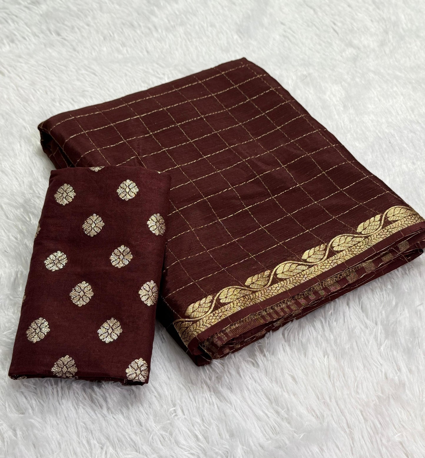Pure viscous chinon silk with zari checks