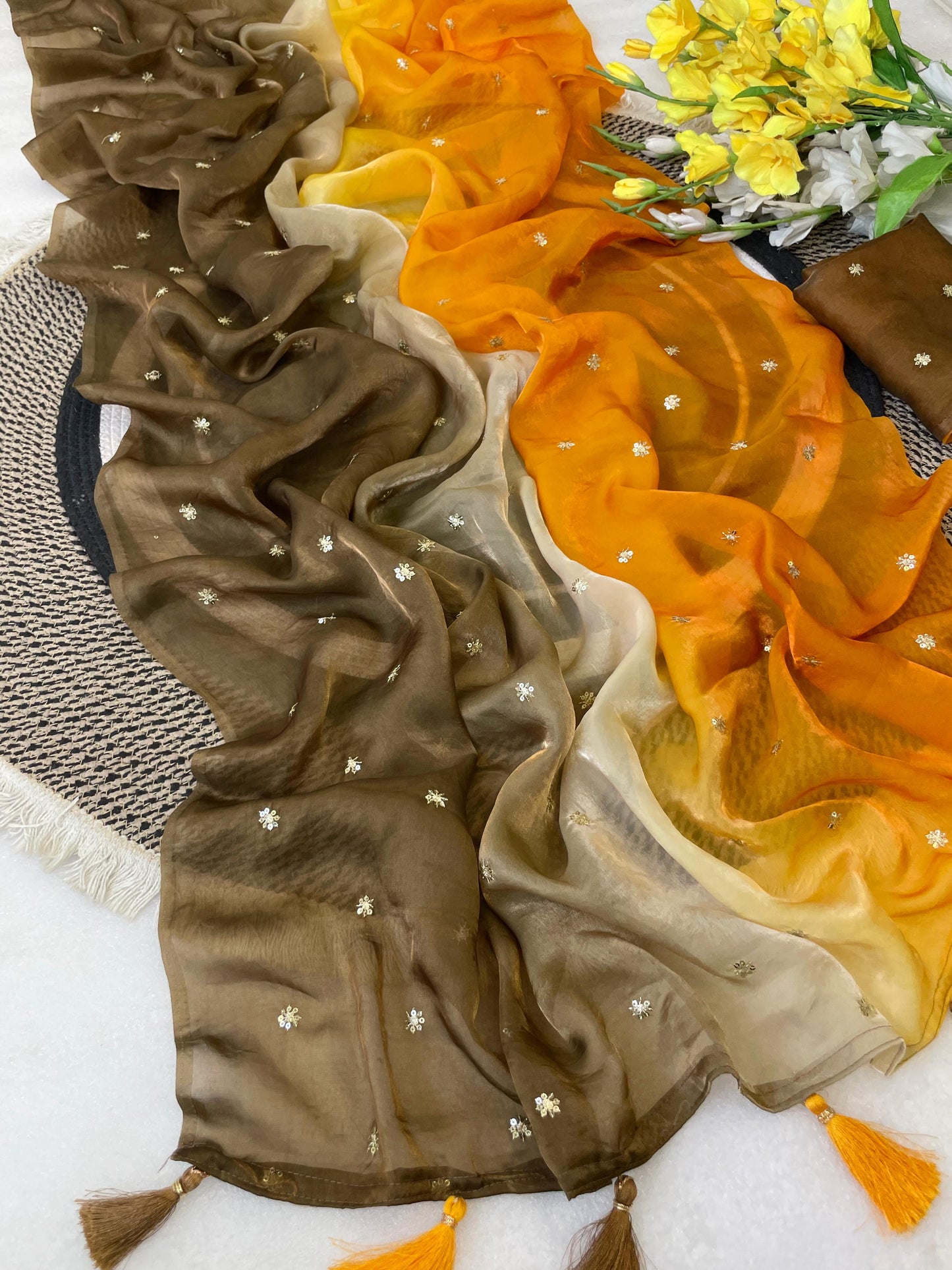Ombré shaded fendi satin shimmer saree with sequins embroidery