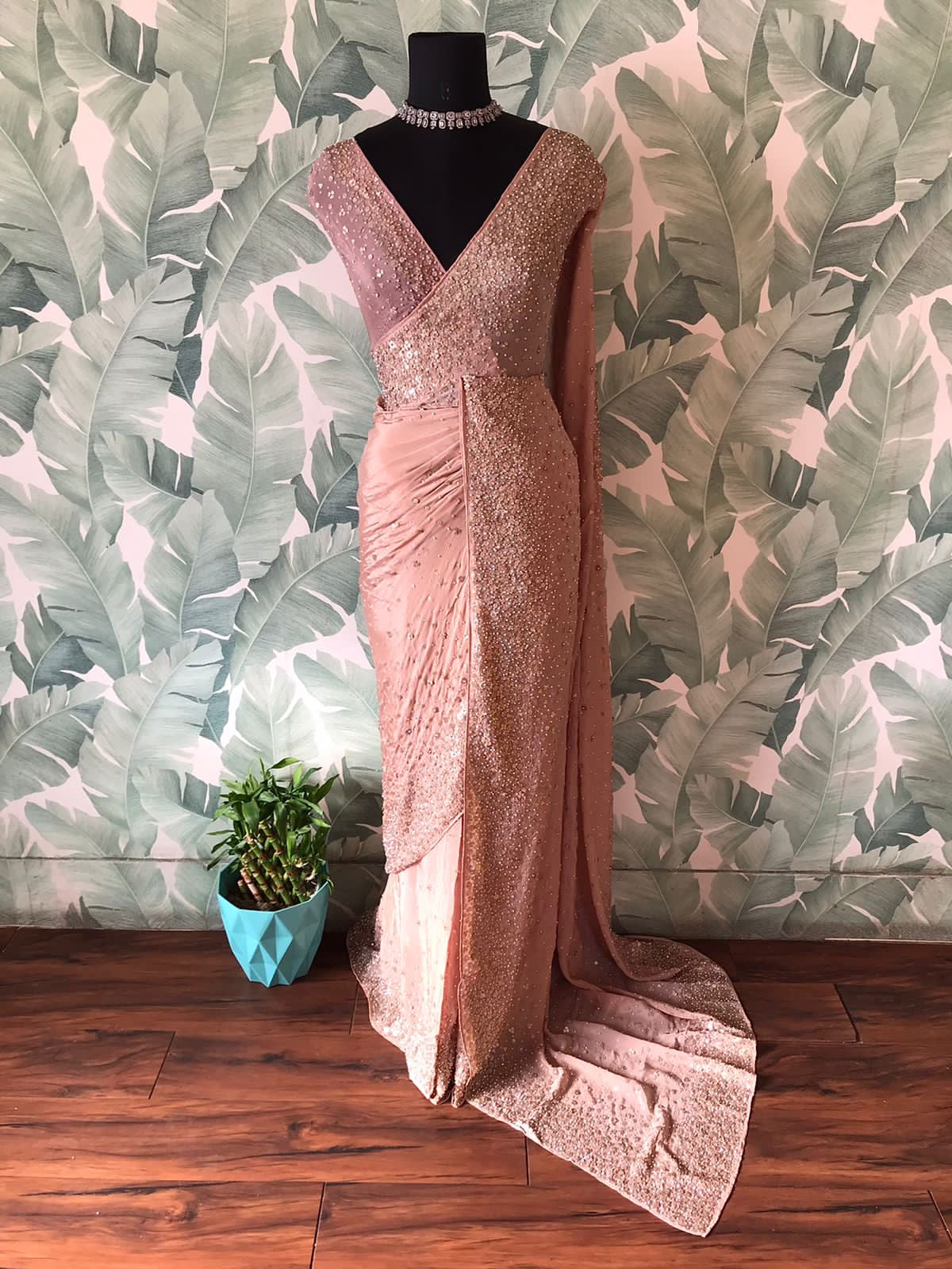Pure Chinnon Silk saree with pearl sequins handwork