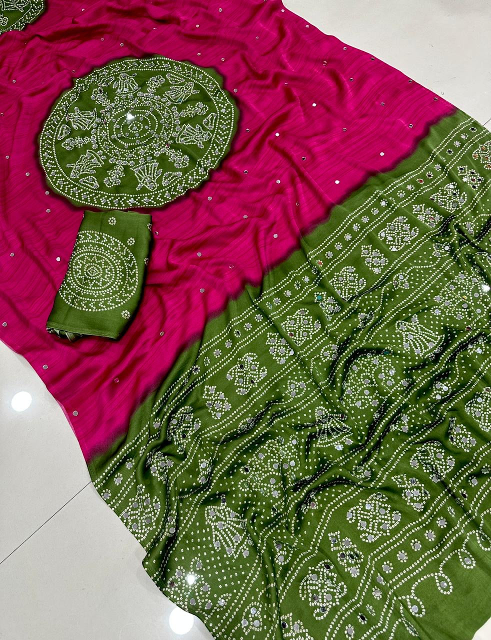 Soft satin crepe silk saree with Beautiful bandhini print and Real mirror work (prebooking)