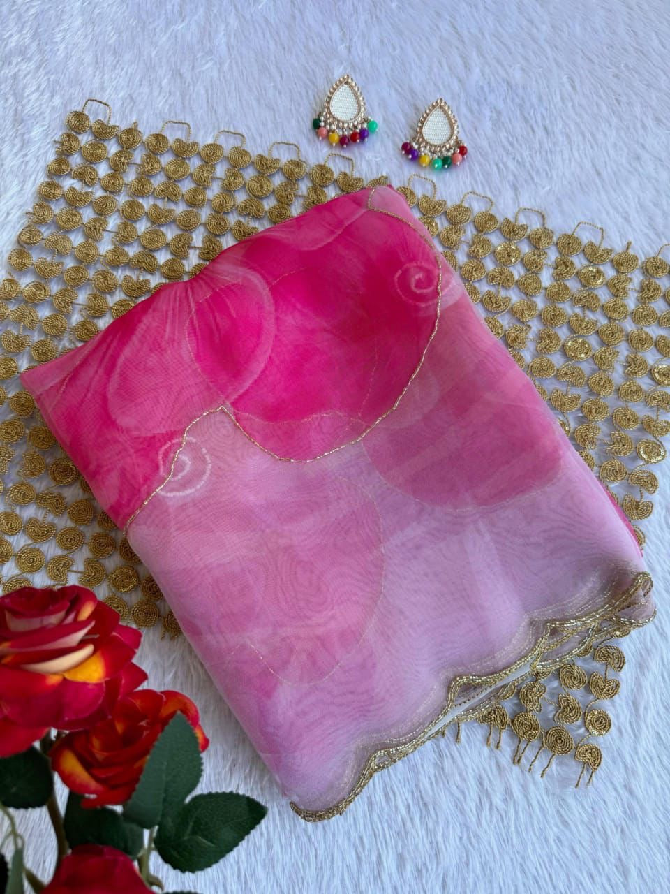 Beautiful semi organza saree with floral digital prints with cutdana beads work