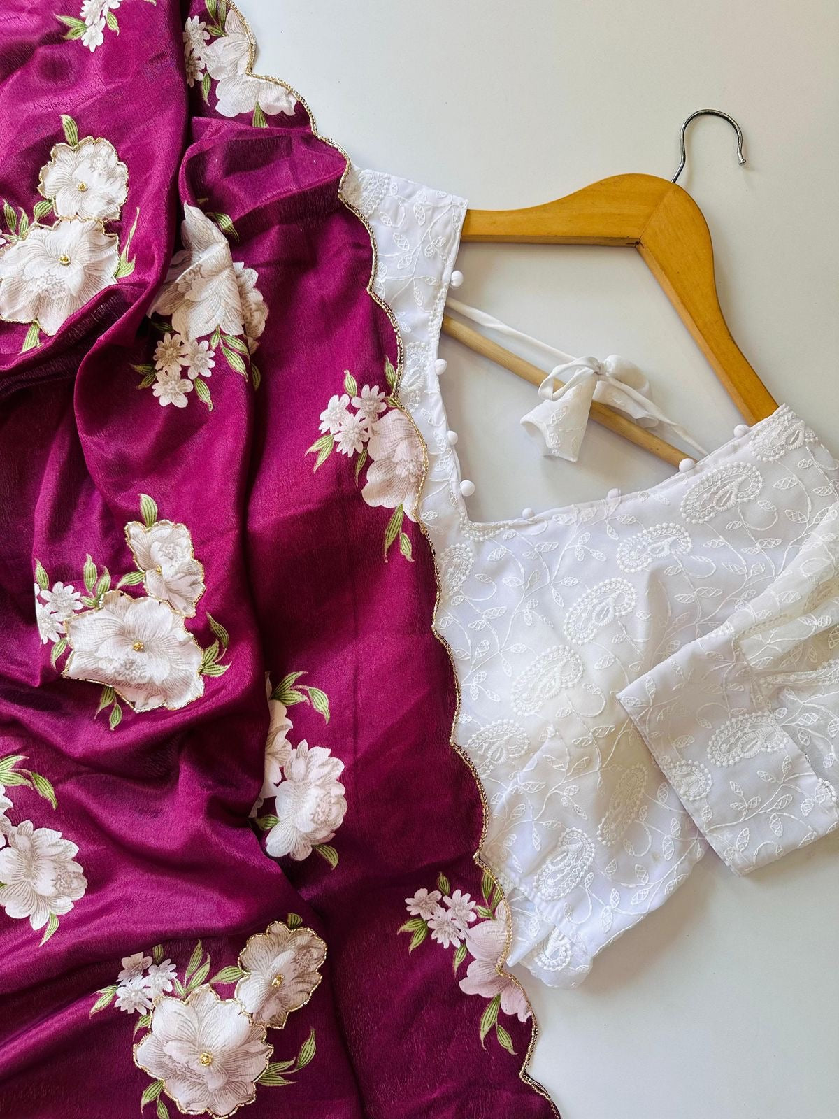 Floral chinon silk saree with embroidery