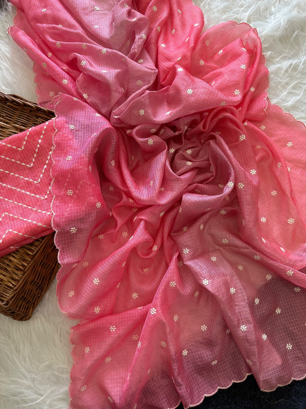 Beautiful kota doria saree with white buti weaving and scalloped border