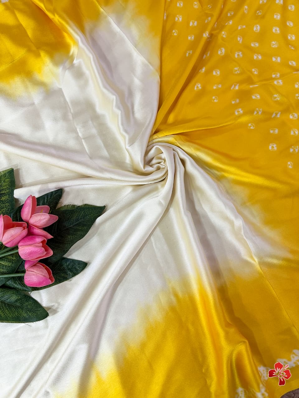 Beautiful viscous satin silk with bandhini prints - Chaitra reddy inspired