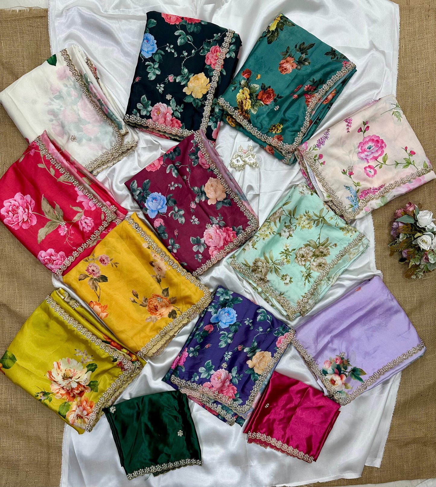 Floral chinon saree with beautiful pearl work border