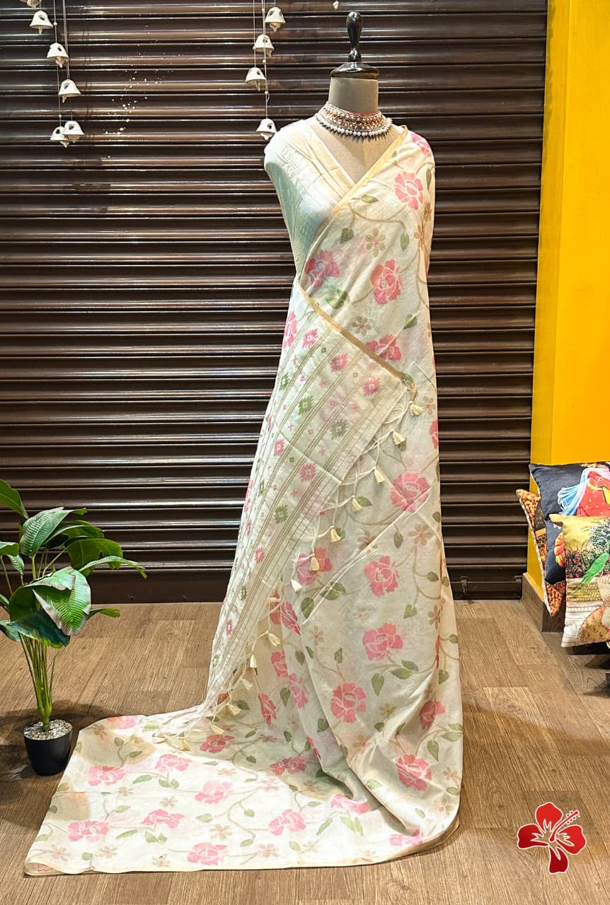 Jamdhani cotton saree with floral jaal resham and zari weavings