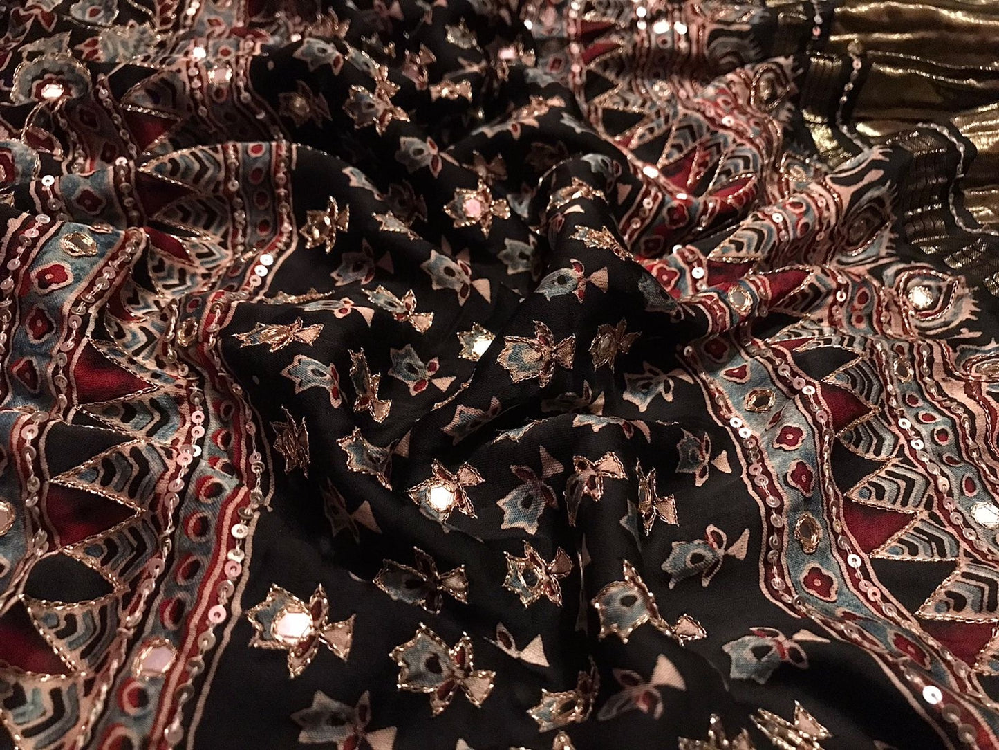 Pure Handblock ajrakh print mirror work modal silk saree (Prebooking 35 days)