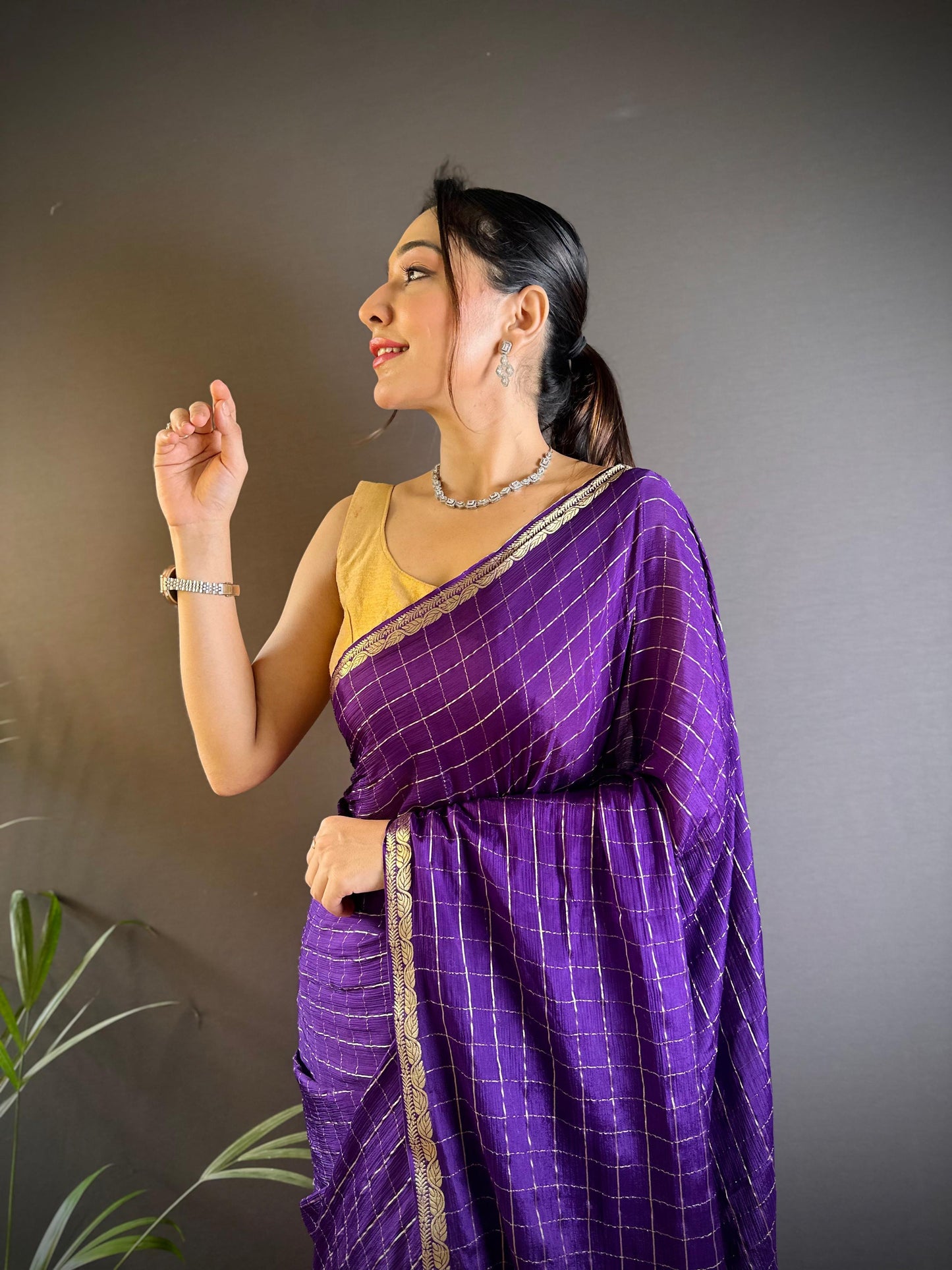 Soft Viscous chinon silk checks saree