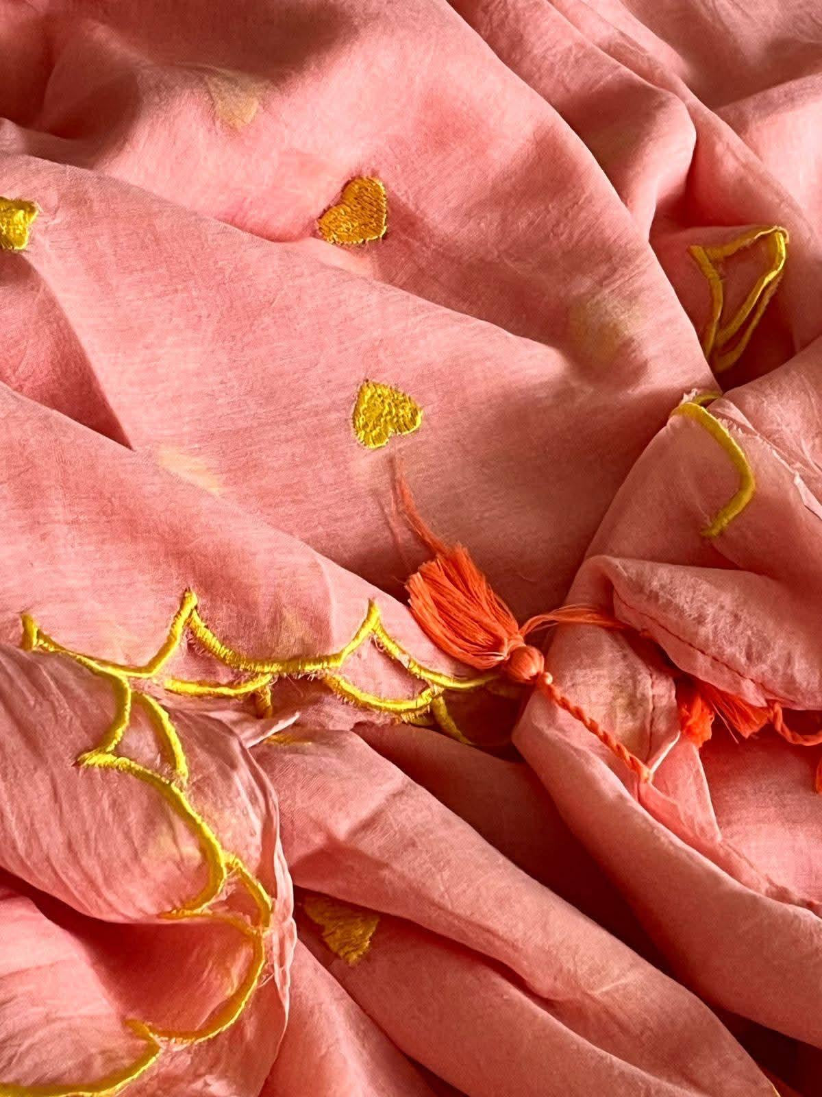 Pure and authentic mul cotton sarees with heart embroidery and scalloped border