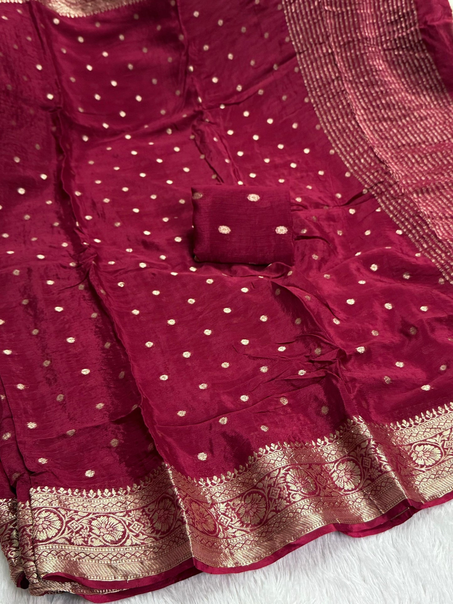 Beautiful zari buttas viscous chinon saree