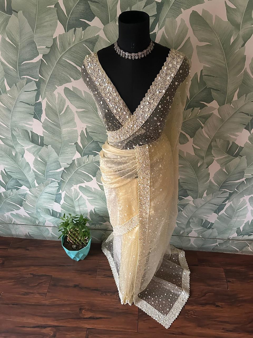 Pure tissue silk saree with pearl sequins handwork
