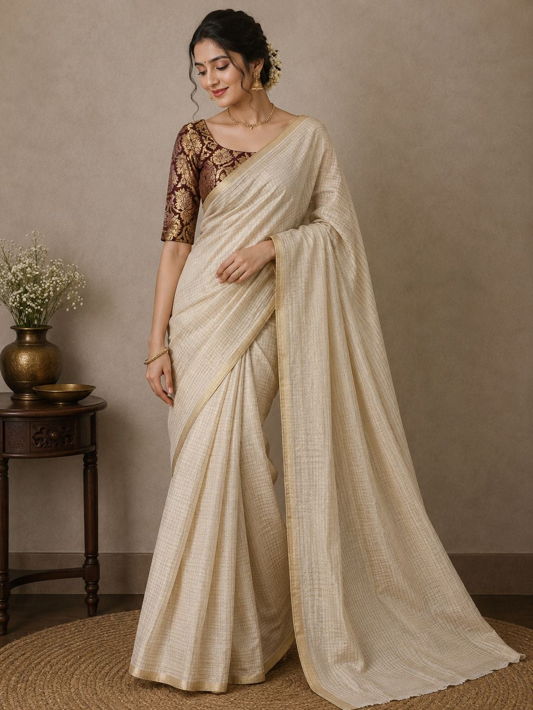 Beautiful semi chanderi silk saree with gold zari checks paired with brown Banarasi brocade blouse