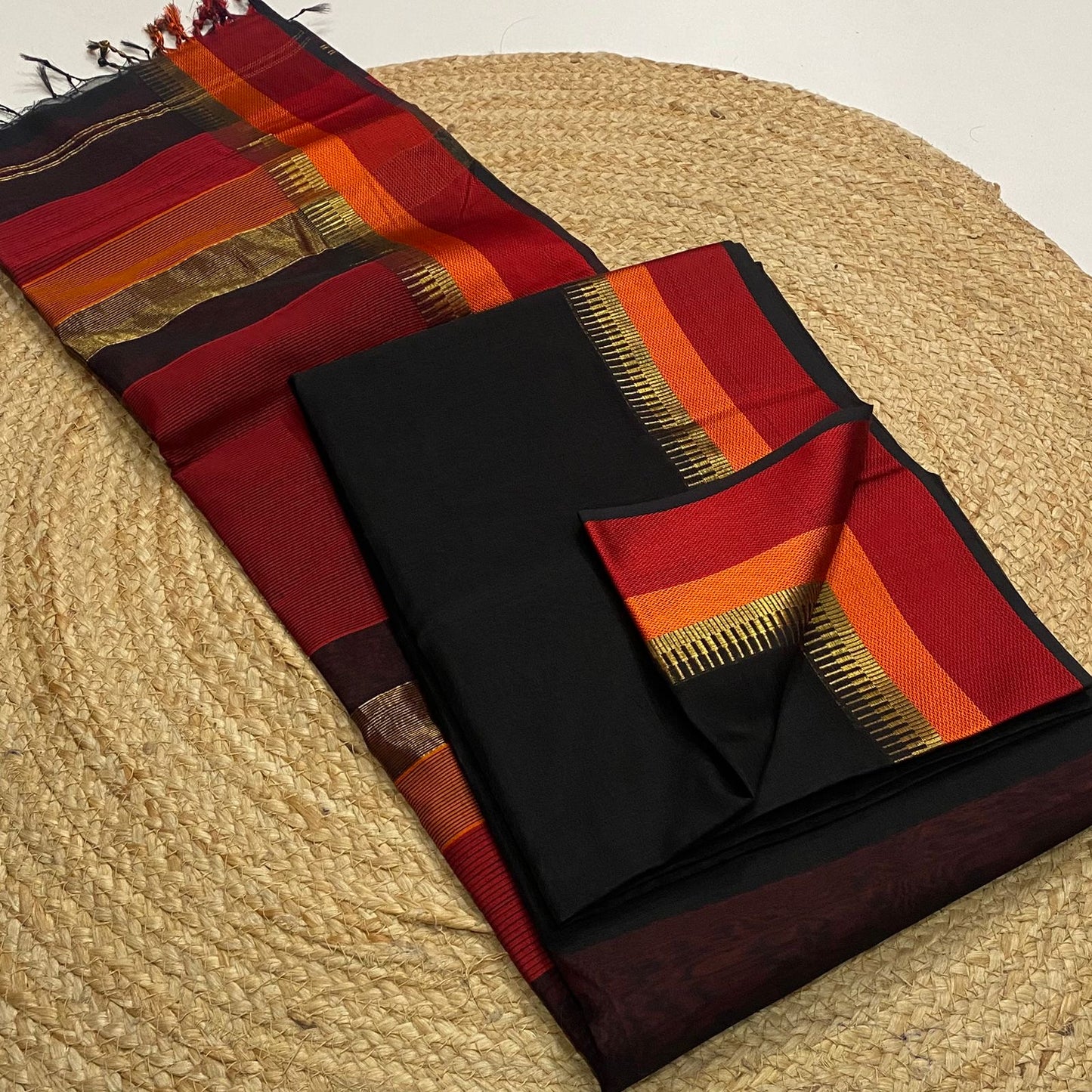 Pure Handloom Maheshwari silk cotton saree with multi resham border - black