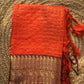 Beautiful semi Banarasi katan silk saree with checks in orange and brown combo