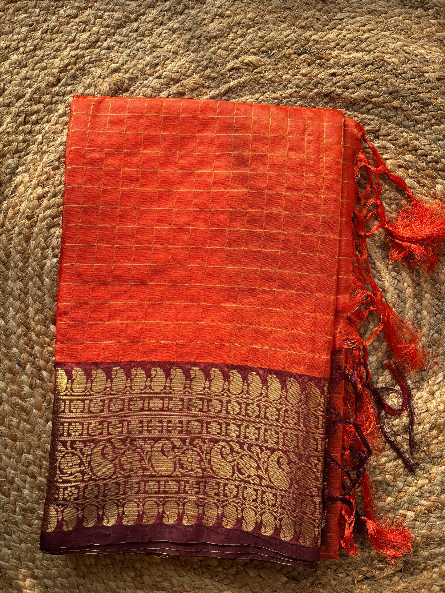 Beautiful semi Banarasi katan silk saree with checks in orange and brown combo