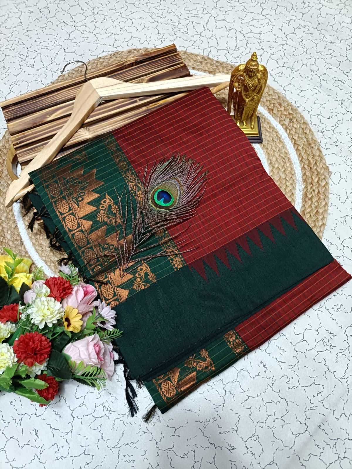 Gorgeous checked silk cotton sarees with solid temple border