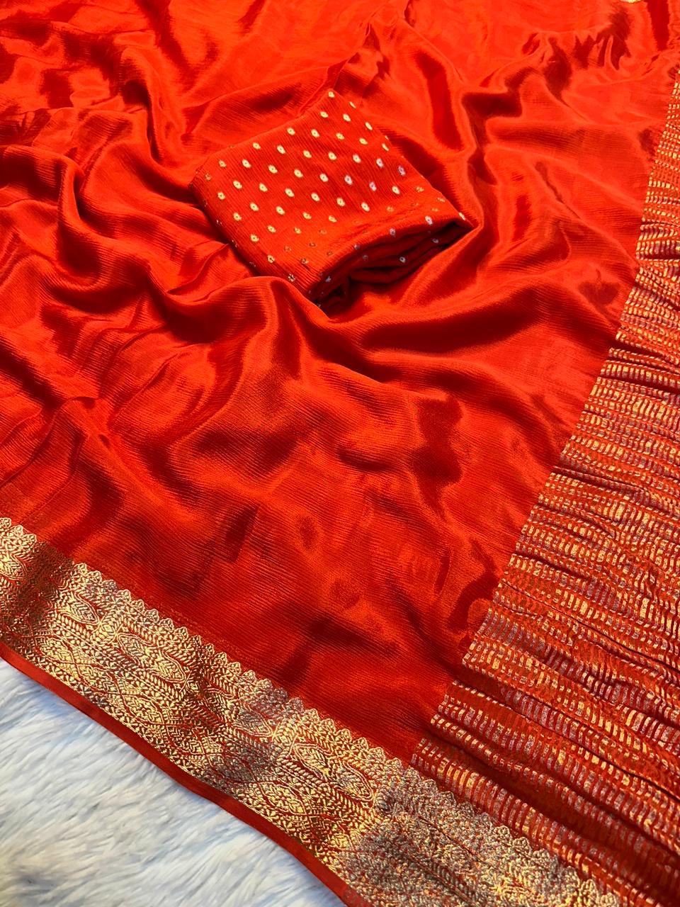 Premium viscous chinon blend saree with zari weaved border