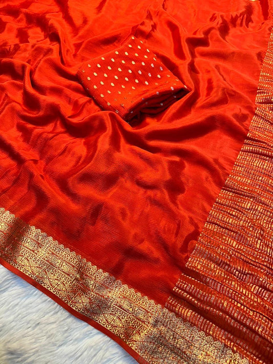 Premium viscous chinon blend saree with zari weaved border