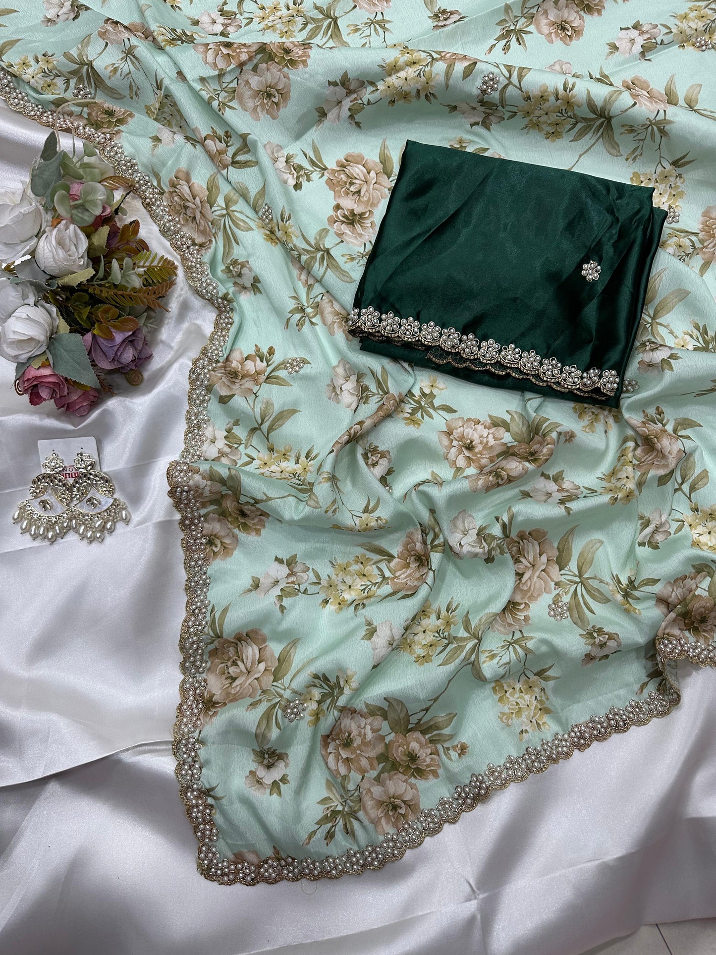 Floral chinon saree with beautiful pearl work border