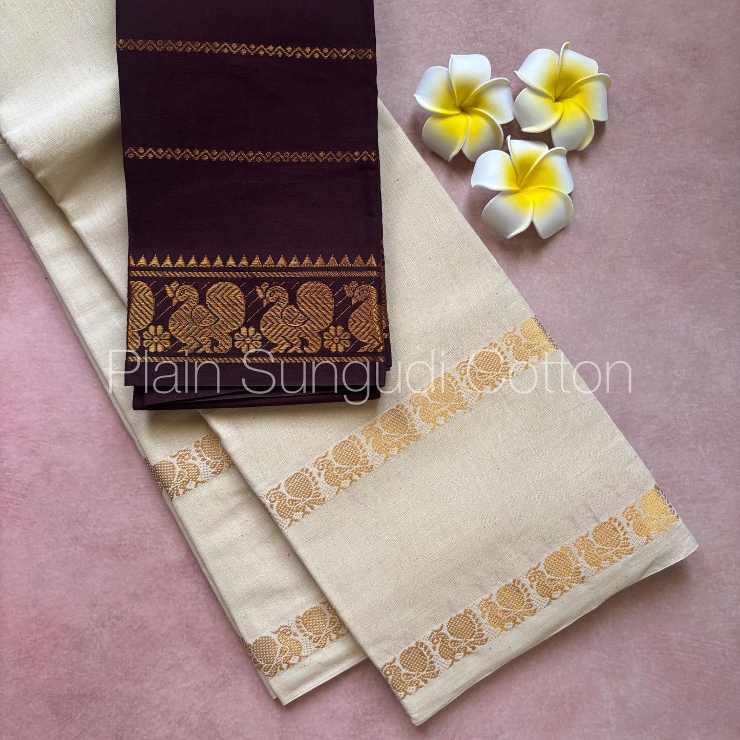 Pure plain sungudi cotton saree with double peacock border - white