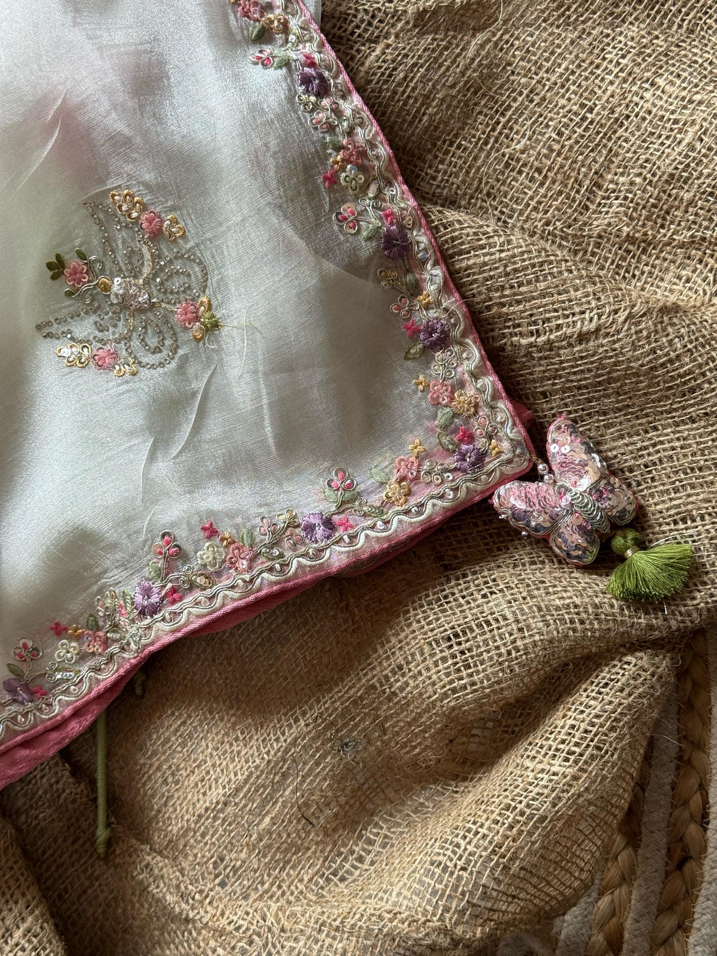 Premium organza with beautiful embroidery- White/Pink