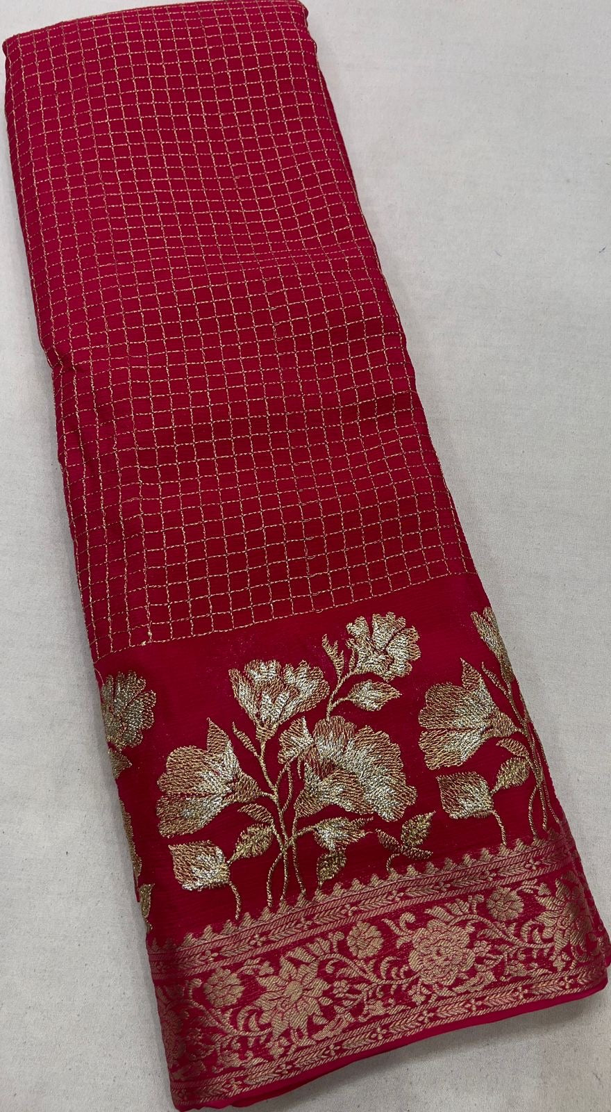 Gorgeous premium viscous chinon silk saree with zari checks and embroidered border