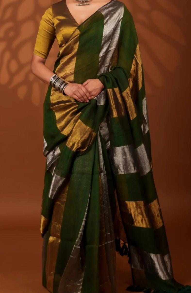 Linen sarees with gold silver zari stripes all over!