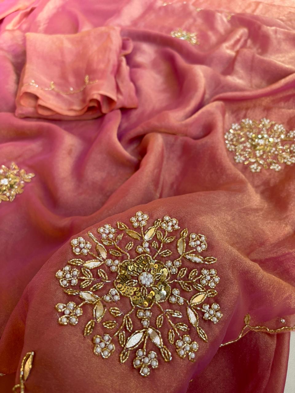Beautiful soft two tone tissue silk saree with gotta, pearl and sequins work