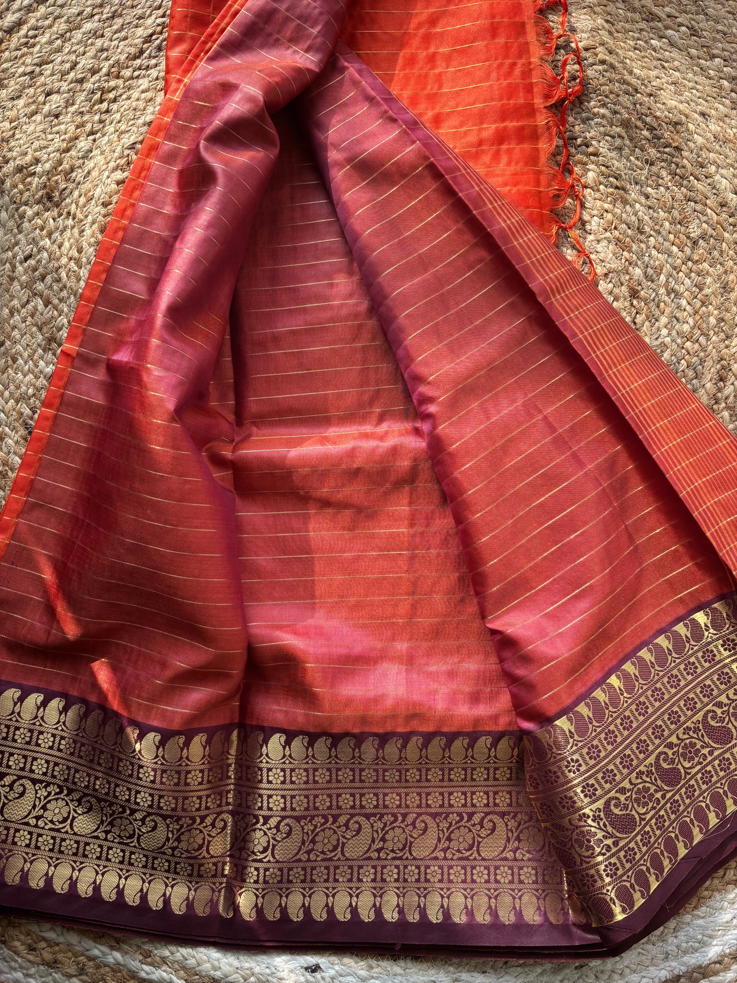 Beautiful semi Banarasi katan silk saree with checks in orange and brown combo