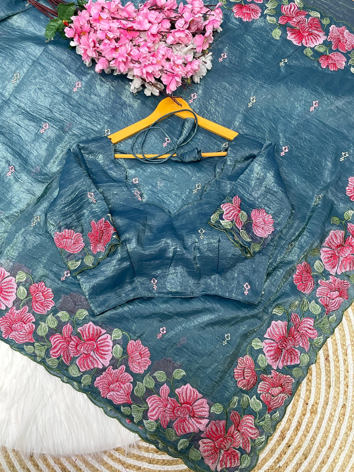 Premium crush embroidered saree with unstitched blouse