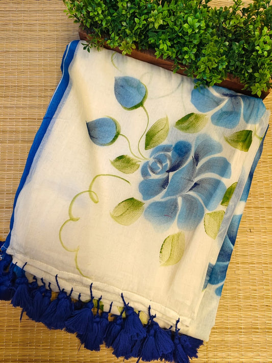 Pure mul cotton handpainted saree - Blue Roses