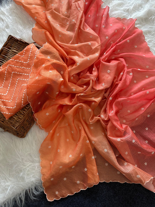 Beautiful kota doria saree with white buti weaving and scalloped border