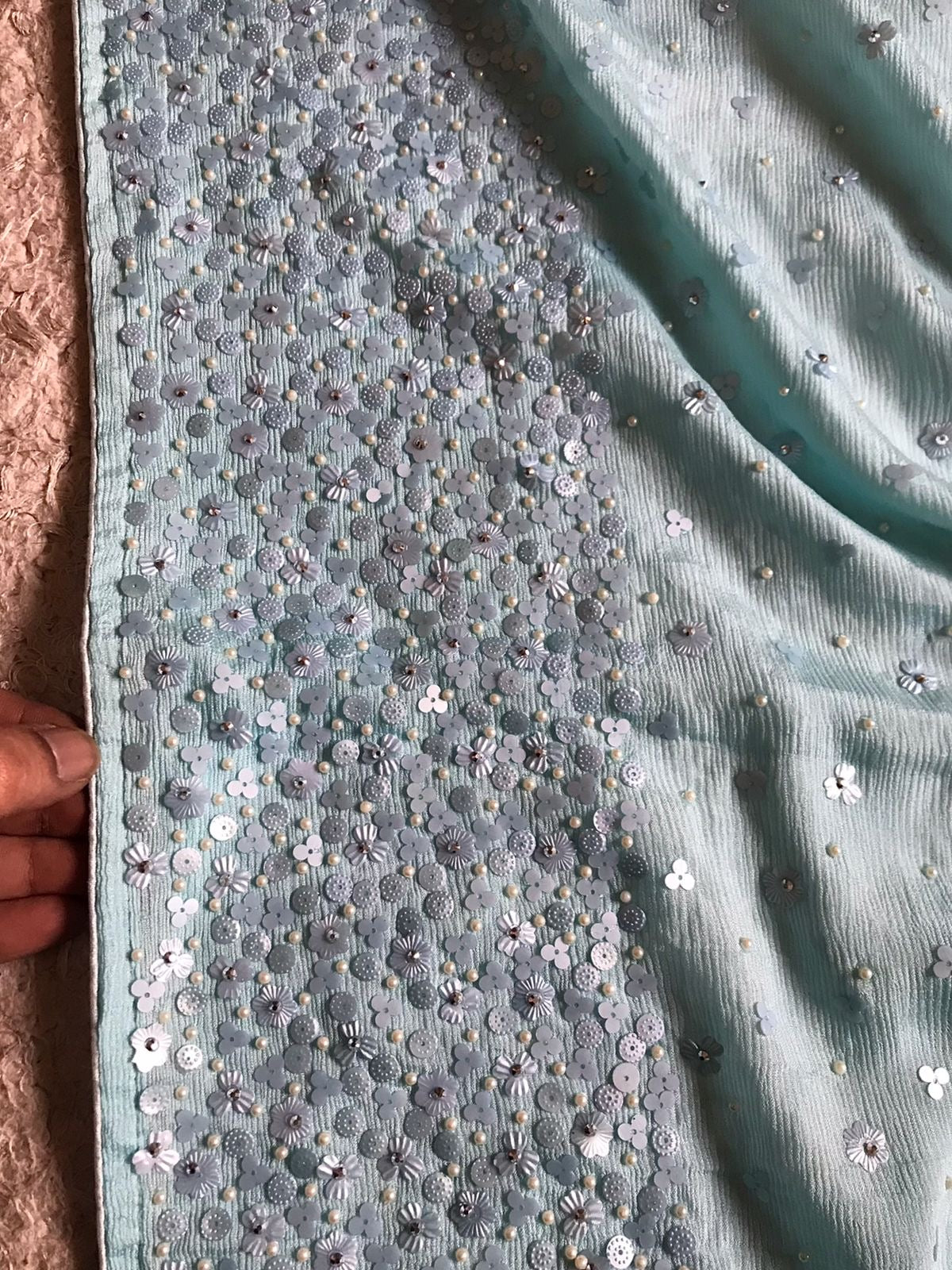 Pure Chinnon Silk saree with pearl sequins handwork