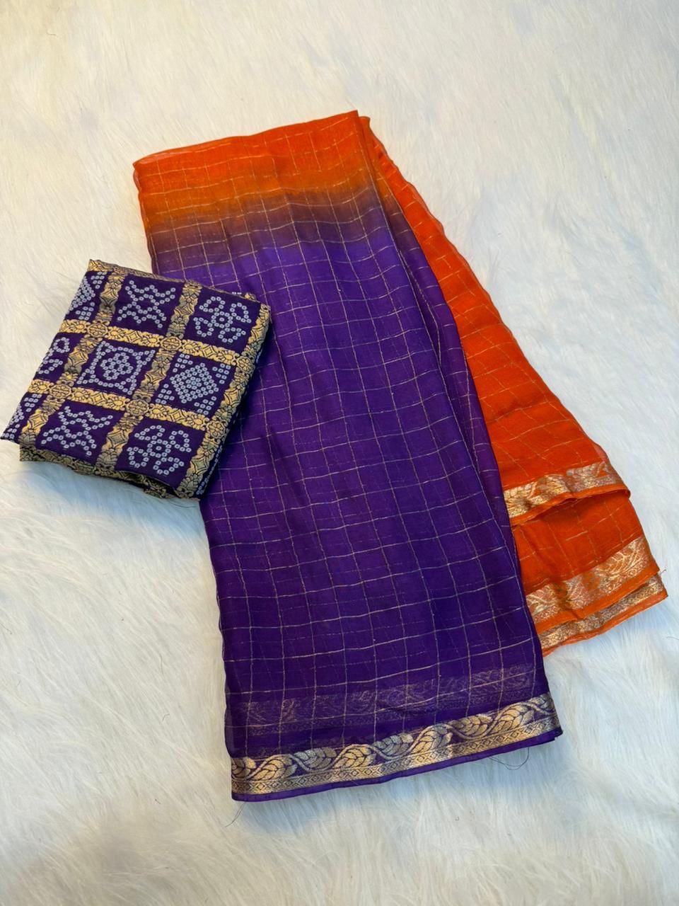 Beautiful ombre shaded viscous georgette check saree with bandhini blouse