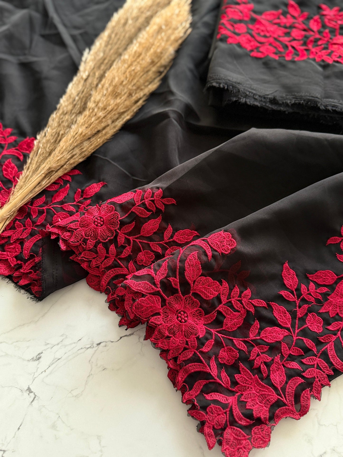 Soft tabby organza saree with red thread embroidered scallop border