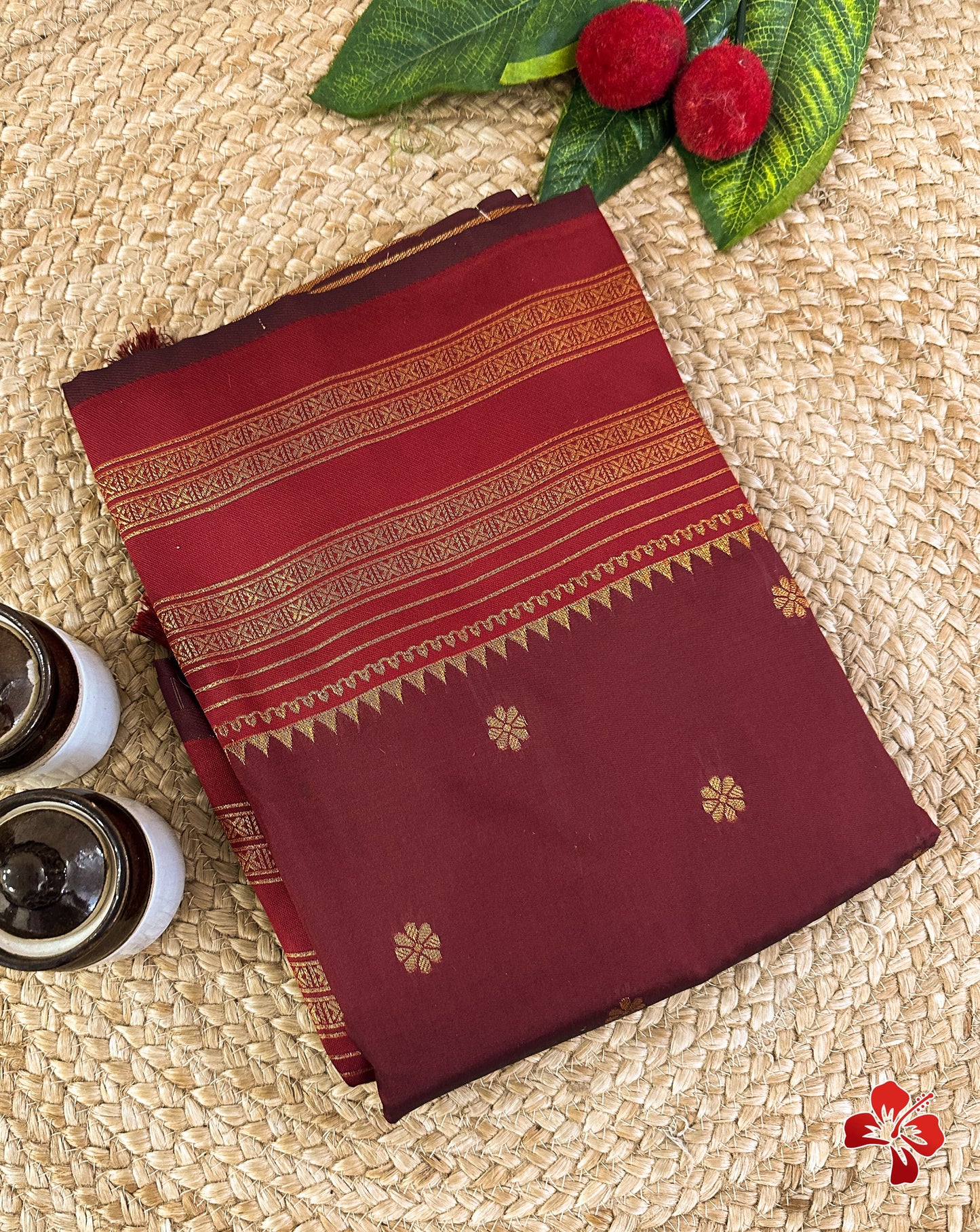 Soft semi silk saree with chakra buttis - maroon