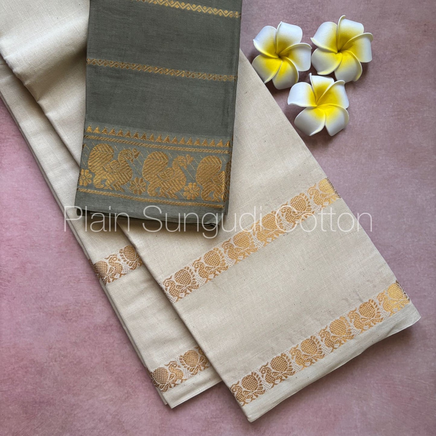 Pure plain sungudi cotton saree with double peacock border - white
