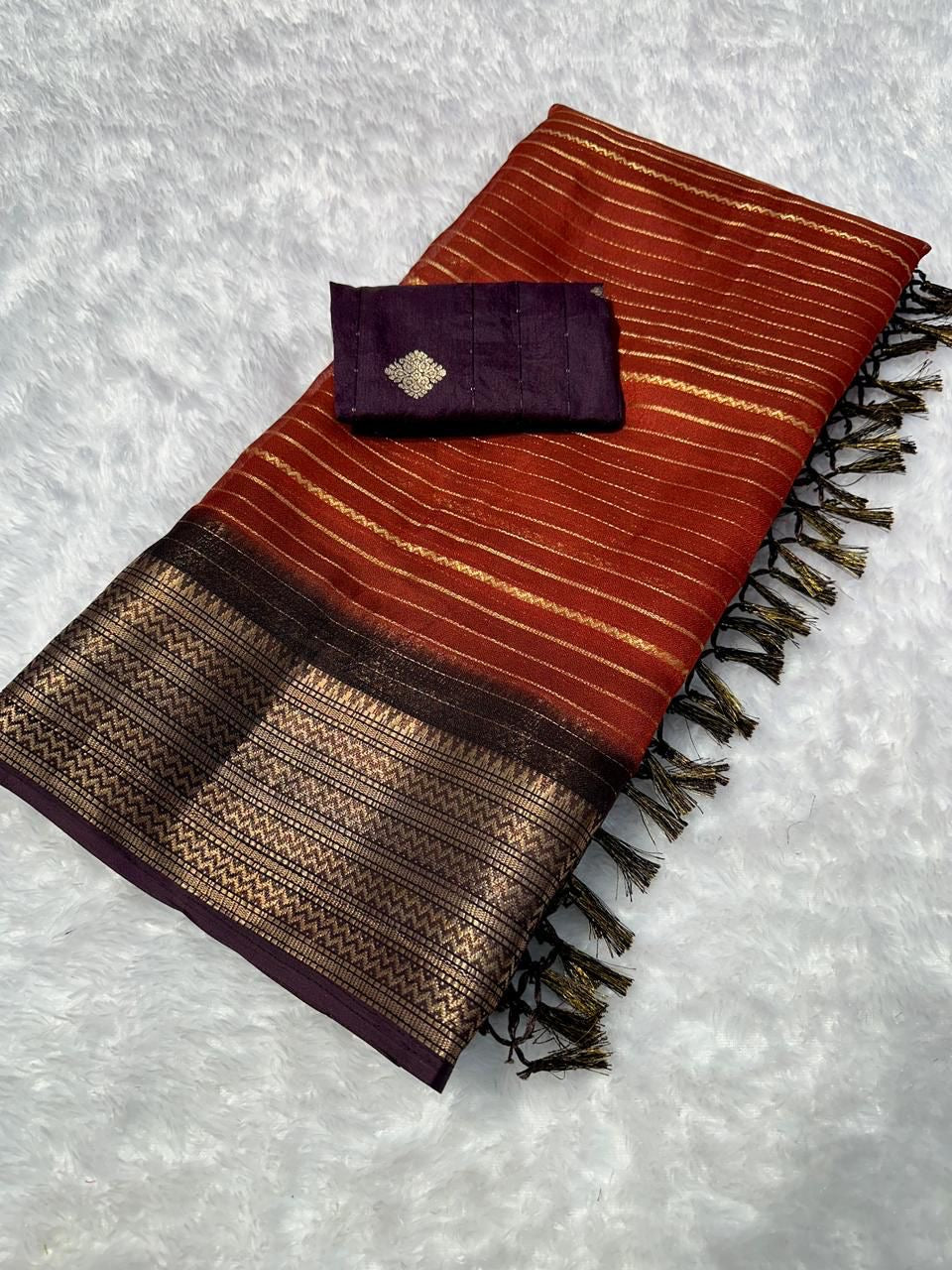 Beautiful semi dola silk saree in rust orange and brown