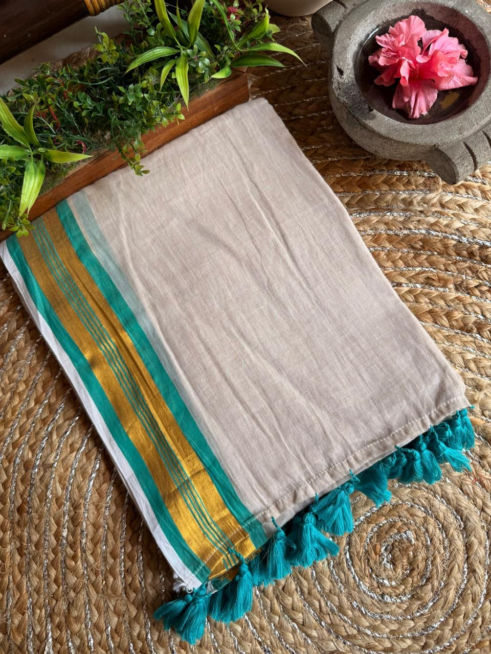 Soft Mul cotton saree - Teal