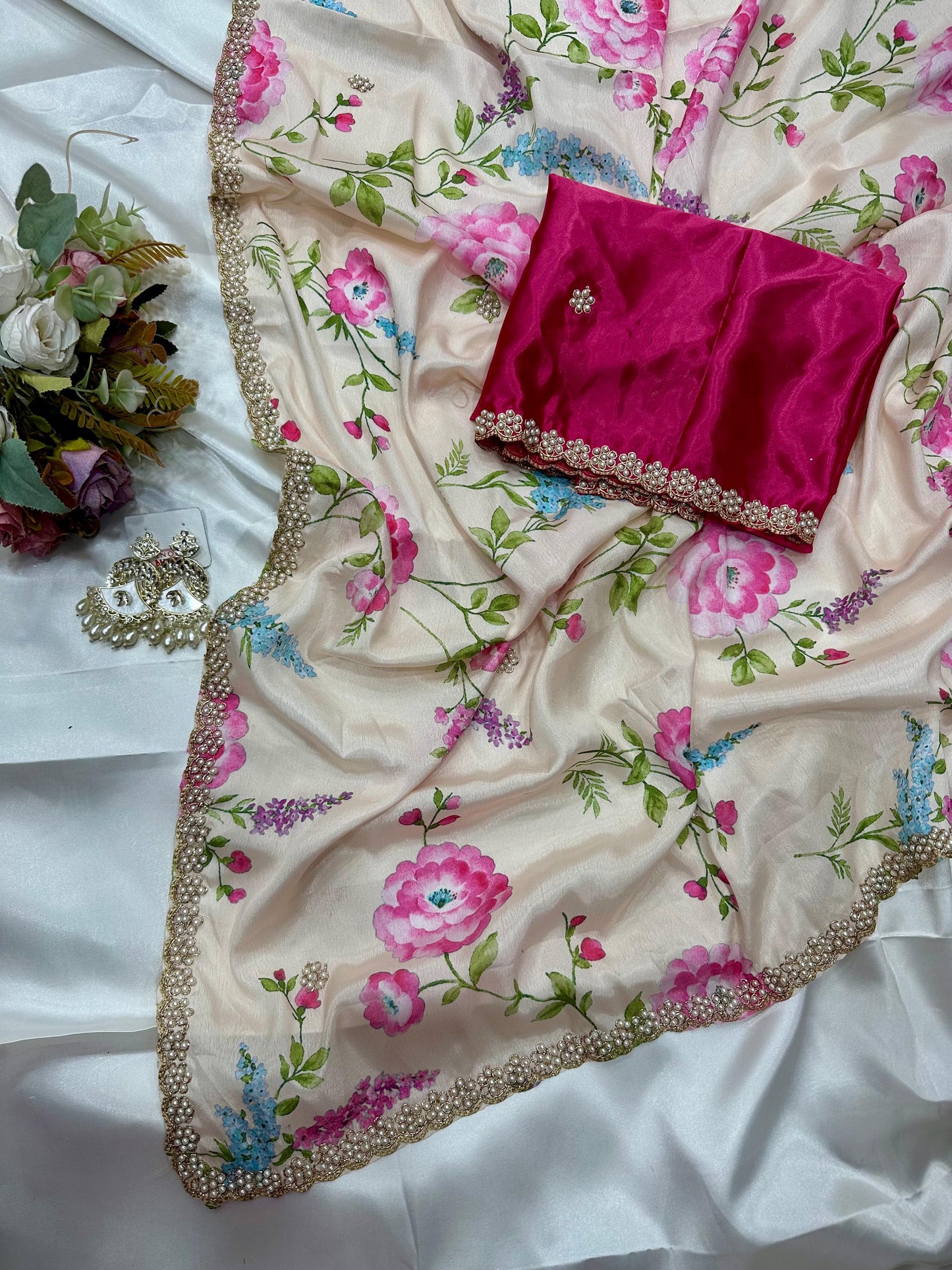 Floral chinon saree with beautiful pearl work border