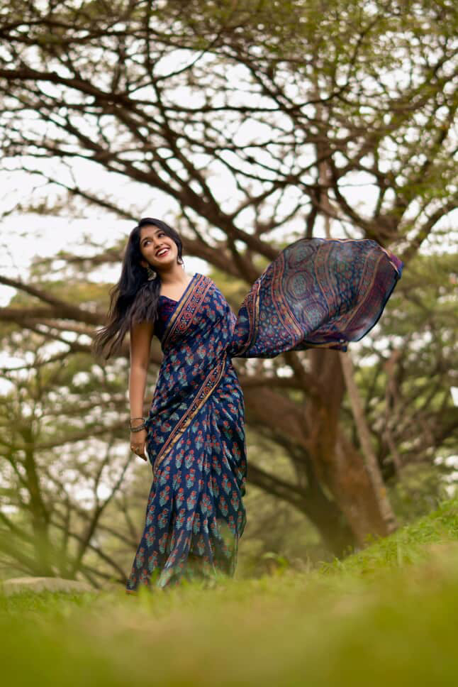 Handblock printed Chanderi silk cotton saree