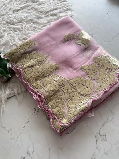 Beautiful semi organza saree with gold zari pitta work border and scalloped edges