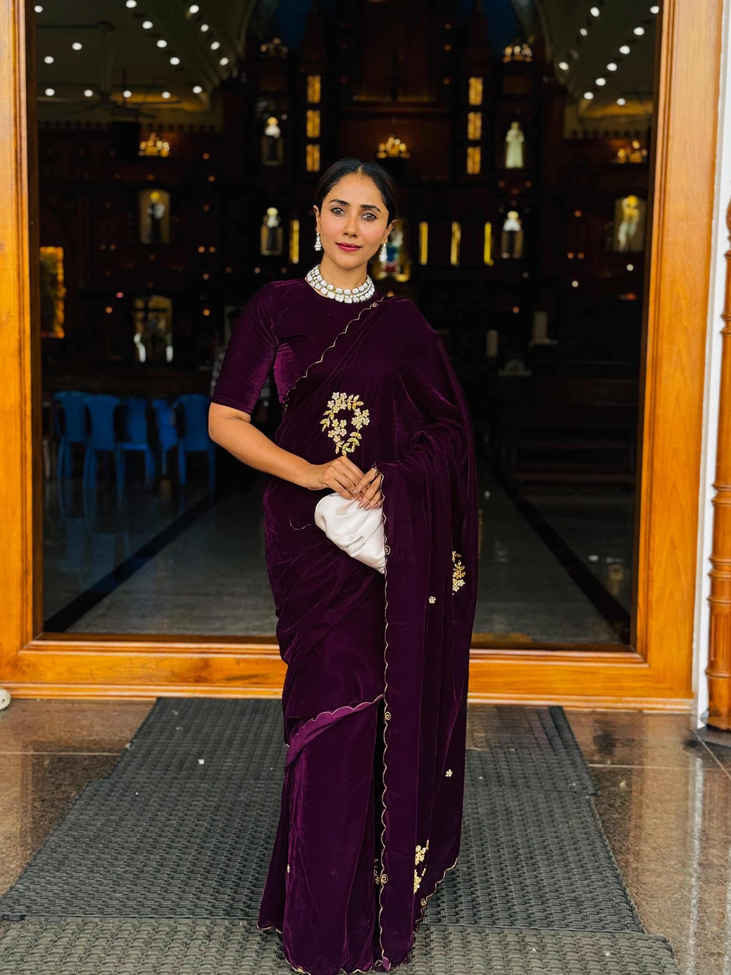 Beautiful heavy velvet saree with handwork