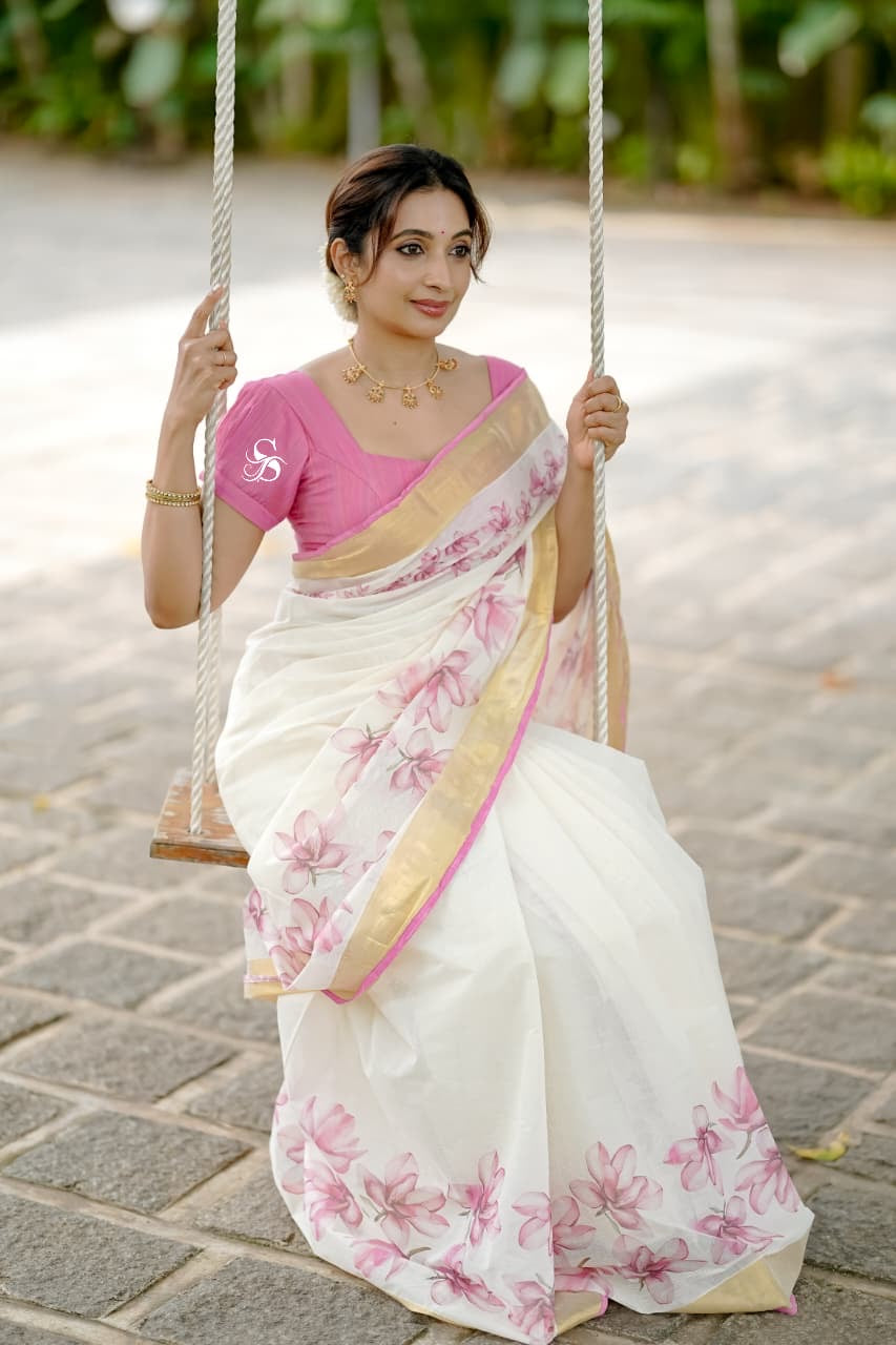 Premium Kerala cotton saree with beautiful pink floral digital prints (Prebooking 15 days)