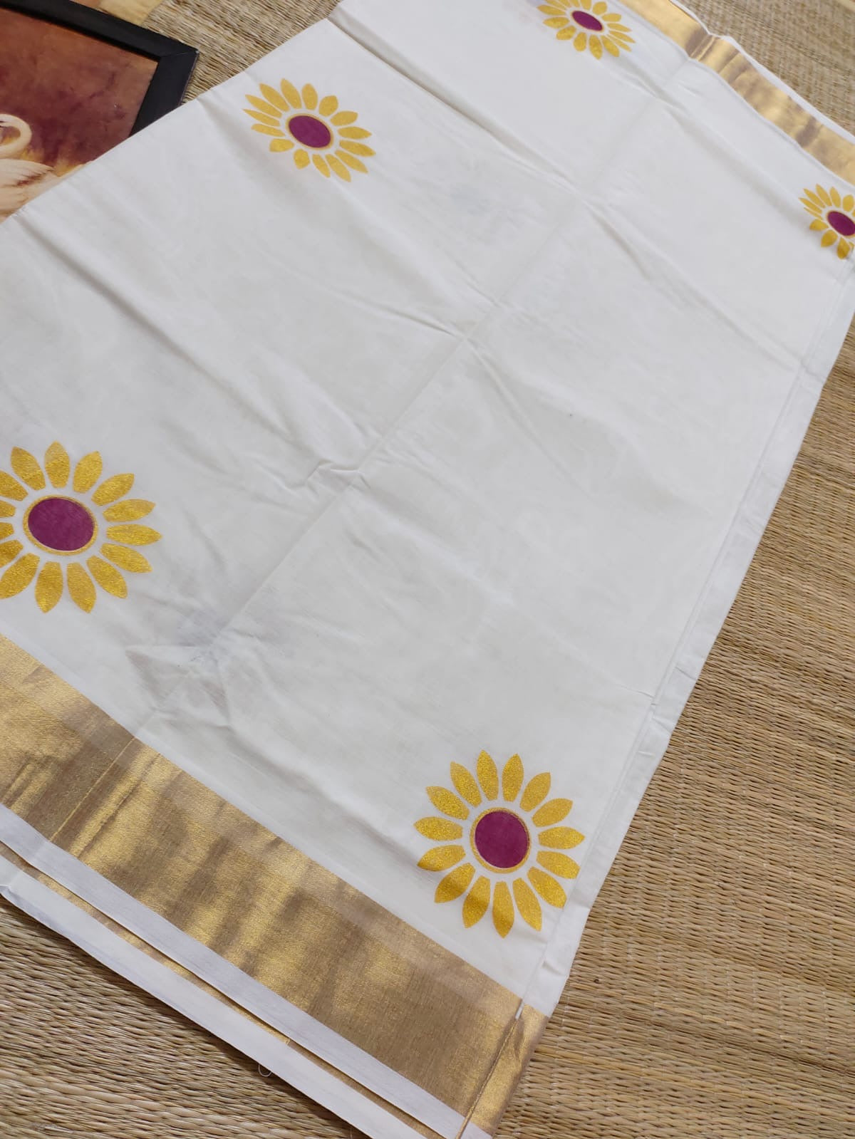 Premium printed kerala cotton saree - yellow flower