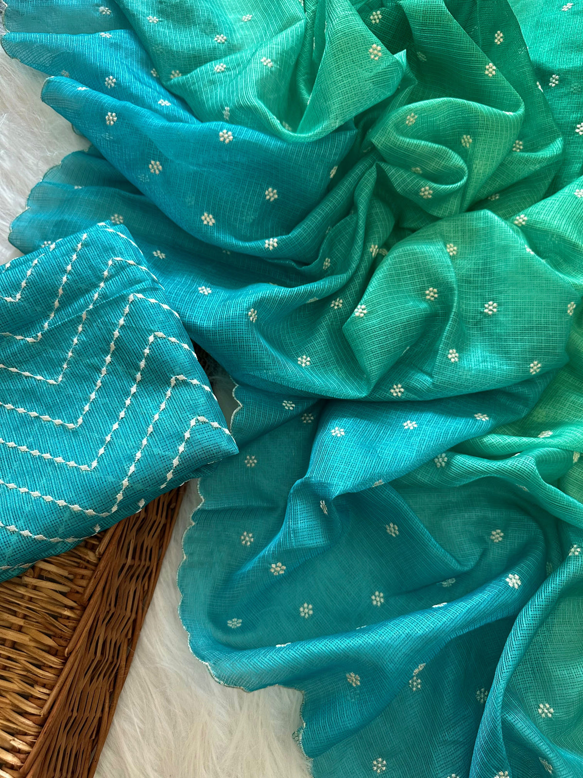 Beautiful kota doria saree with white buti weaving and scalloped border