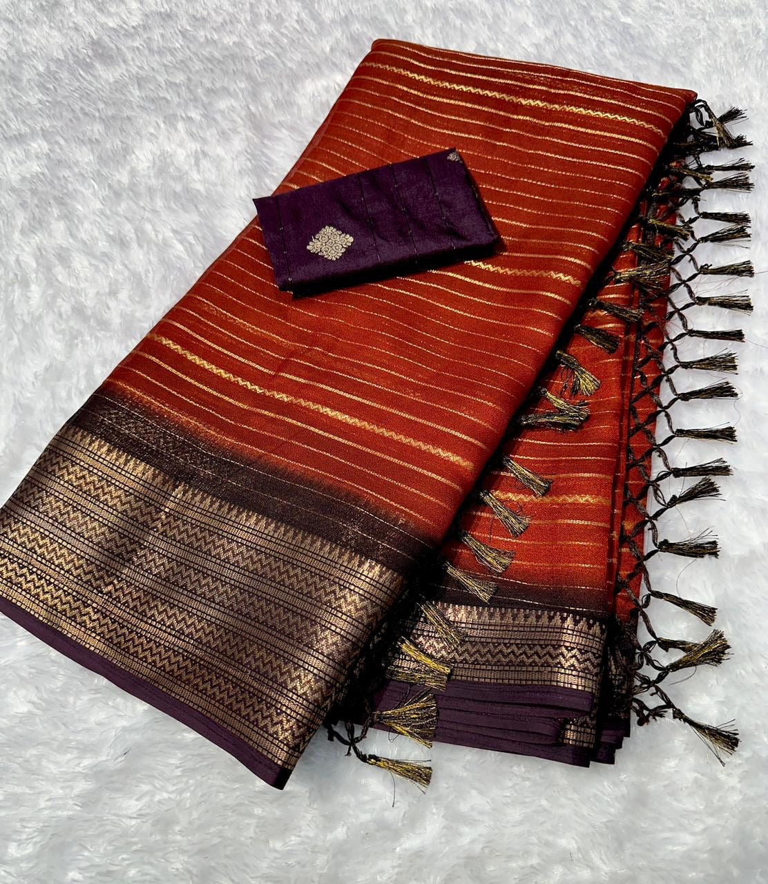 Beautiful semi dola silk saree in rust orange and brown
